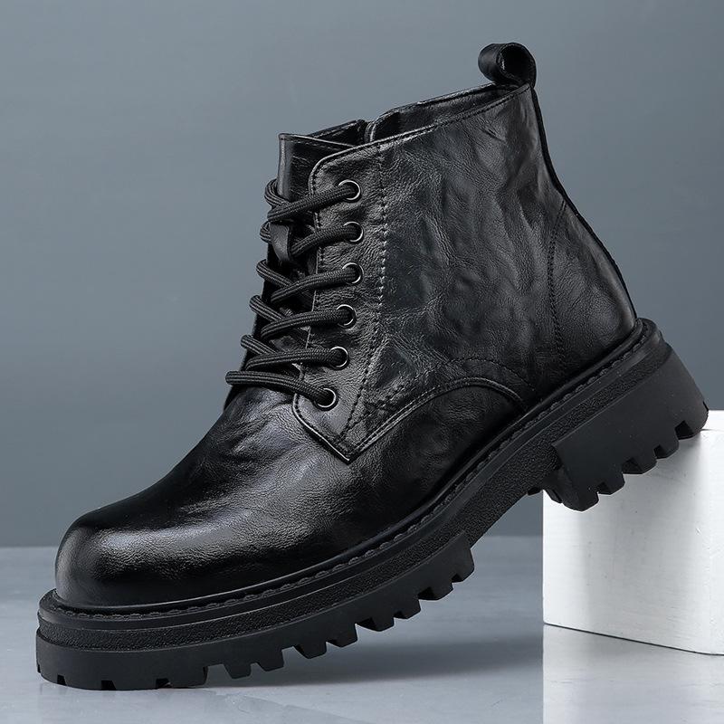 Martin boots men's winter cotton leather boots British wind mid-top thick-soled inner heightening locomotive short boots