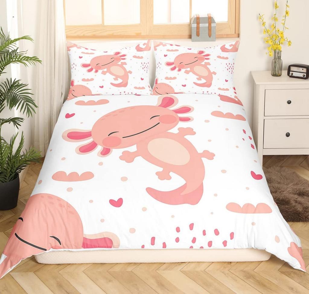Cartoon Pink Axolotl Floral Duvet Cover King Size 3D Cute Salamander Bedding Set Suitable For Boys Girls Room Decoration 3 Pcs