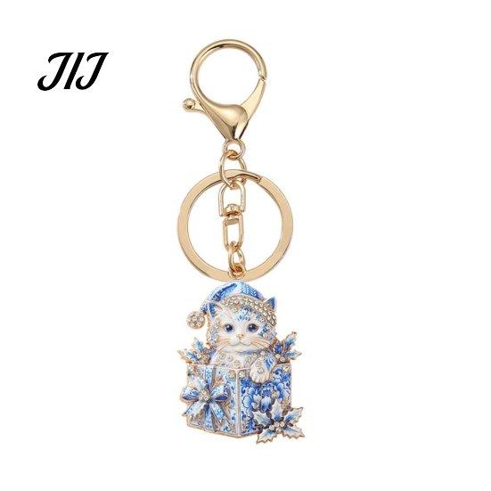 Christmas Cat Keychain Gift Box Keychain, Bling Rhinestone Kitten Keyring Portable Backpack Charm Pendant, Handbag Decorative Accessory for