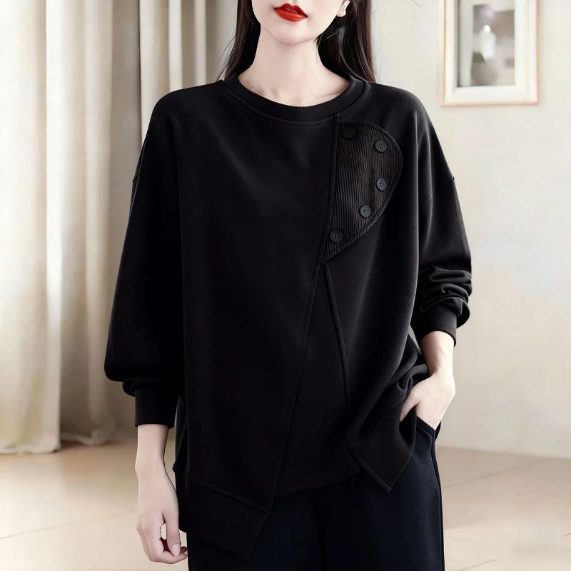 

Fashionable Round Neck Pullover Women s Sweatshirt Spring Button Splicing Design Loose Long-sleeved Top Trendy L