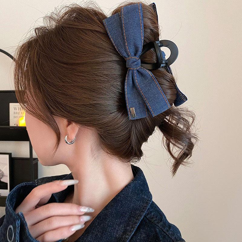 Cowboy Texture Bow Shark Clip Visible Thread Craftsmanship Design Hair Clip with Niche Retro Style Coiled Hair Back Of Head Grip