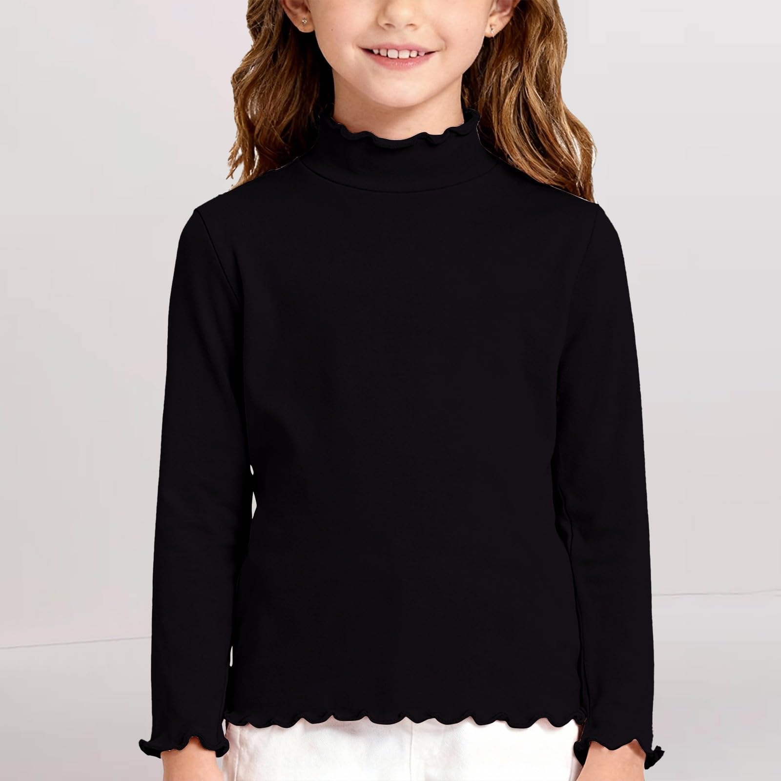 Girls  Lettuce Edge TrimRuched Side Ribbed Knit Crewneck Casual Slim Fit Base Layer Top 110 чёрный