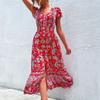 Popular 3 Summer New Long Skirt European and American V-neck Ethnic Printing Split-ended Dress