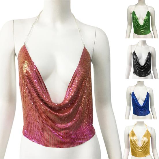 Sexy tílko Dámské s halter krkem Bez rukávů Lesklé flitrované tílka Jednobarevné ramínka na kšandy Letní třpytivá camisole