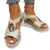 Women’s Peep Toe Wedge Sandals, Metal Buckle, Braided Thick Sole, Large Size