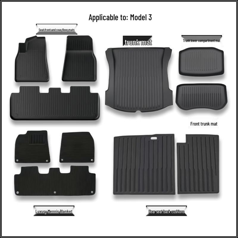 Tesla Model Y TPE Floor and Trunk Mats: Front, Rear, and Accessories for Car Interiors.