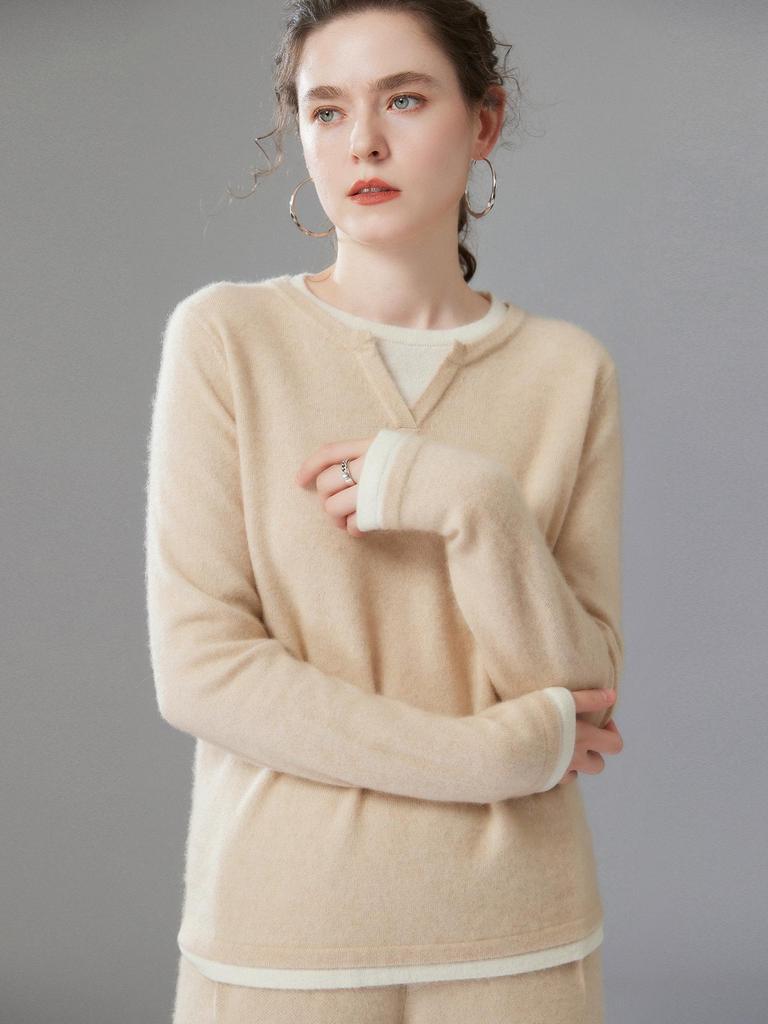 Autumn 2025 Sweet Style Color Block Cashmere Sweater - Loose Fit, Slimming, Short & Warm, Fake Two-Piece Design