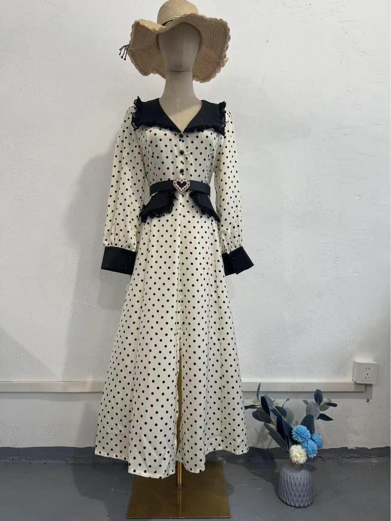 Sommer 2024 Slim Fit Polka Dot Kleid mit Spitzenbesatz & Peter Pan Kragen