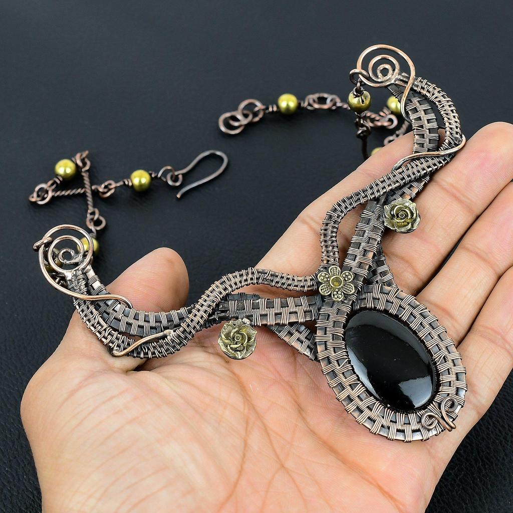 Black Onyx  Necklace Handmade Jewelry, 999 Copper Wire Wrapped Necklace Designer Gemstone Jewelry Adjustable Chain Necklace Gift For Mom