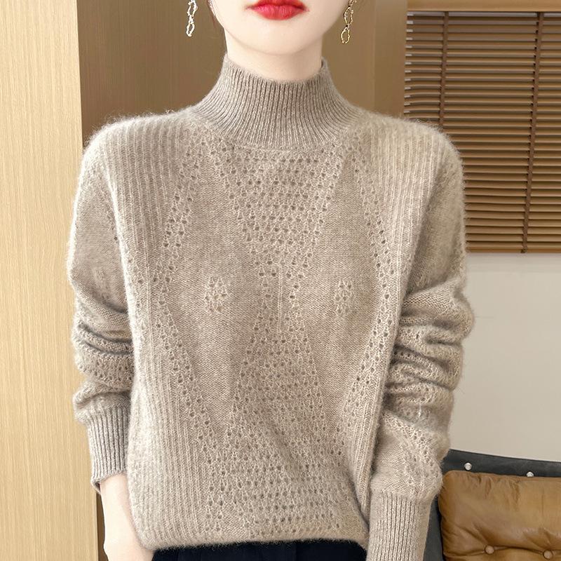 Women's Diamond Lace Wool Sweater - Autumn/Winter Solid Color Knit Top