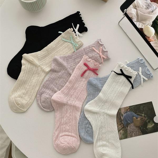 Sweet And Versatile Summer New High-Elastic Cotton Fungus Edge Love Hollow Macaron Bow Thin Socks