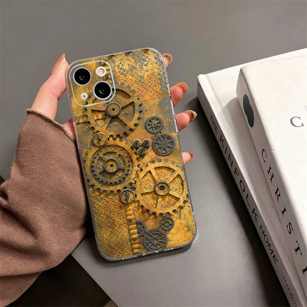 S-Steampunk Gear Mechanical COOL Phone Case For iPhone17,16,15,14,13,12,11 Plus,Pro Max Soft Transparent Cover