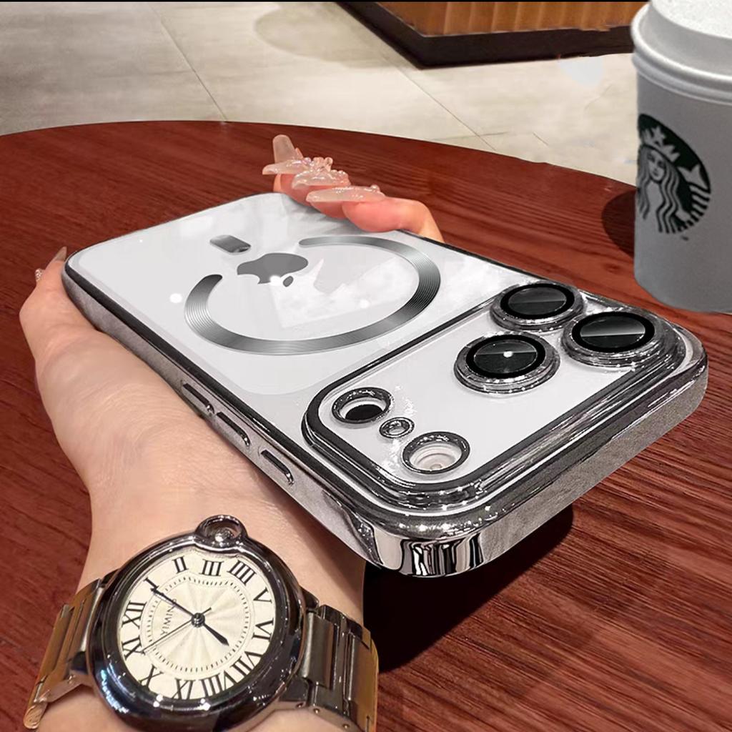 Plating Transparent for Magsafe Case for iPhone 17 16 15 Pro Max Plus 17 Air 14 13 11 12 Magnetic Camera Protector Soft Cover