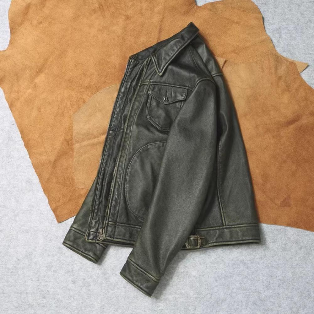 Chinese Size Vintage Olive Green Genuine Cowhide Men Leather Jacket Autumn Turn Down Collar Real Leather Coat