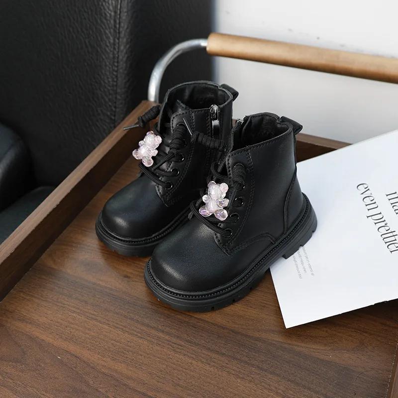 Cute Fashion Girl's Ankle Boot New Black Versatile Children Causal School Leather Boots Cartoon Bear Trend Kids Boots Non-slip