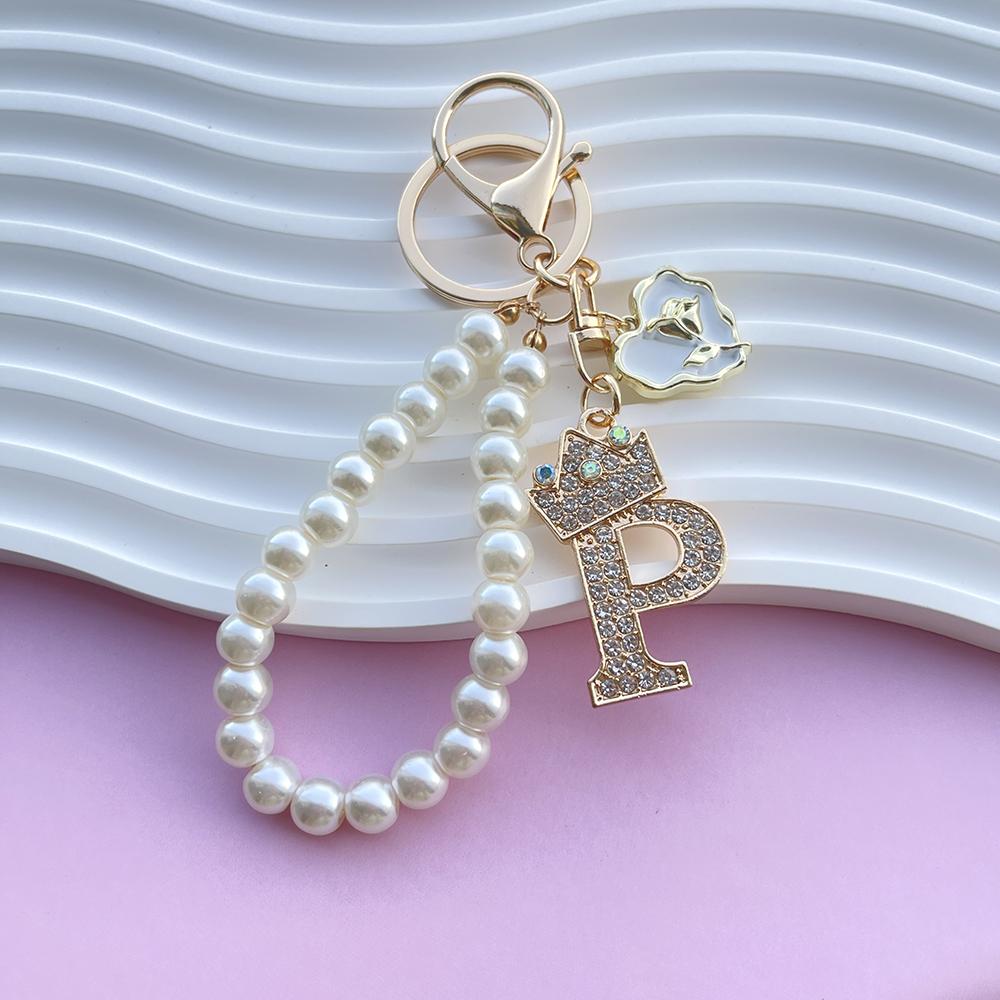 Boutique Crown A-Z 26 Initial Letters Rose Keyring Crystal Faux Pearl Resin Beaded Keychain Bag Pendant Women Girl Gifts Jewelry