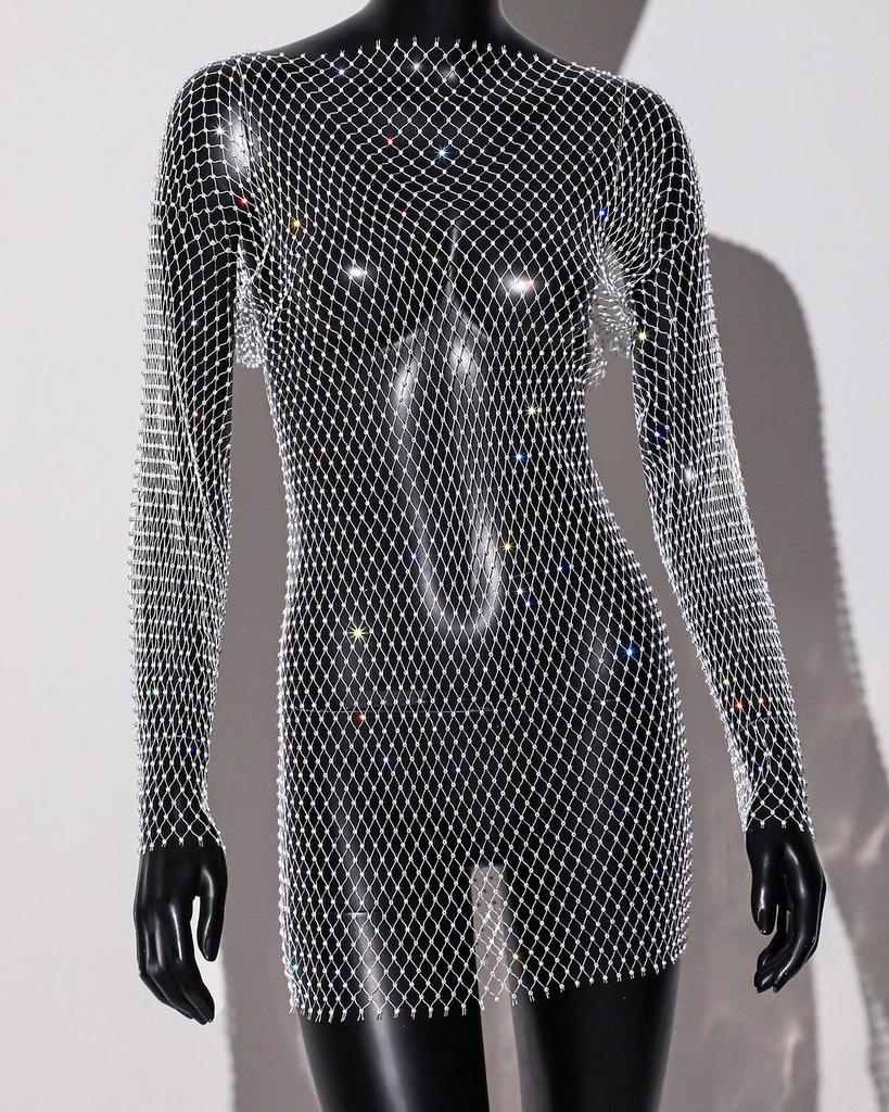 Damen Strass Fischnetz Rückenfreies Langarm Sexy Überwurfkleid