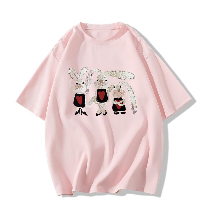 Ladies Summer Short Sleeve Round Collar Cartoon Rabbit Printed Loose Pullover Casual T Shirt Top