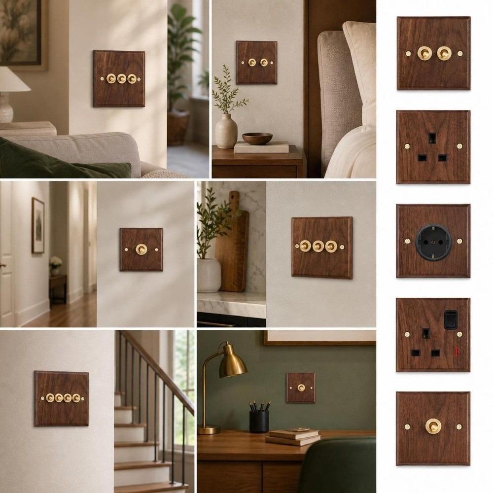 Brass Lever Wall Light Switch Panel Walnut Wood Brass Lever Wall Switch  Home Hotel B&B Decoration