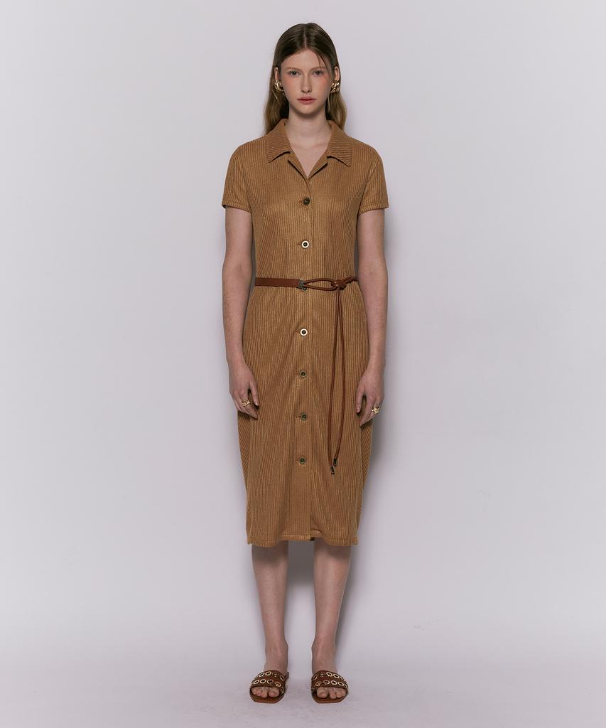 Weseullihyuseuteon Open Collar Cable Knit Long Dress Brown