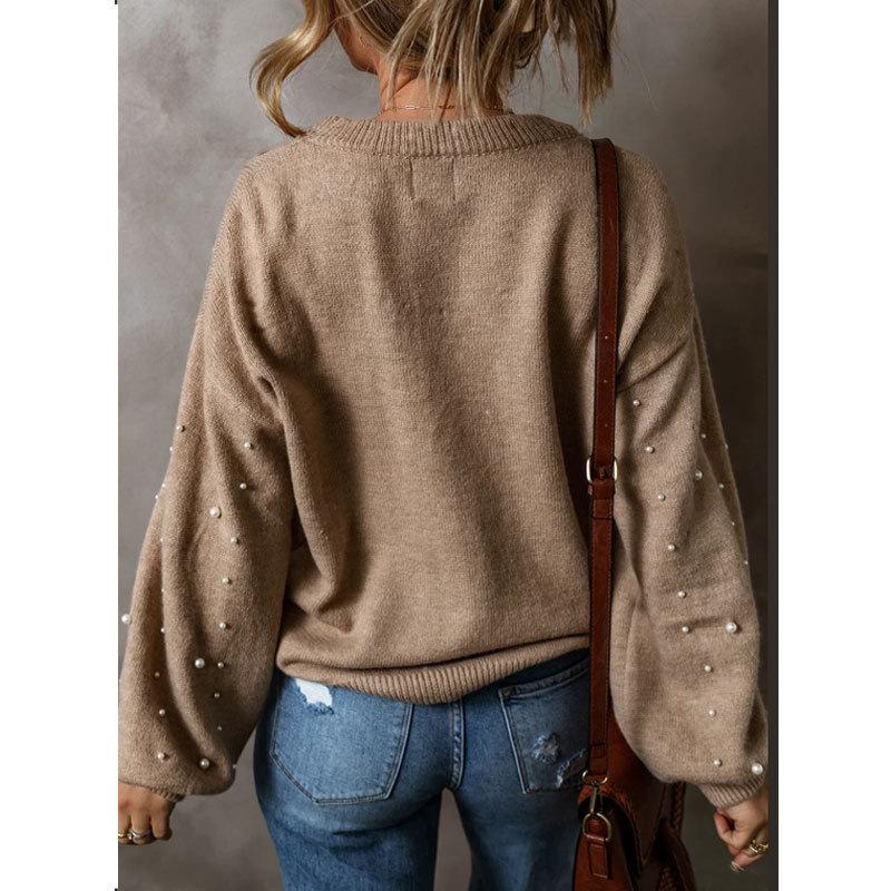 Suéter de Mujer Suelto con Cuentas Cuello Redondo Jersey Manga Larga