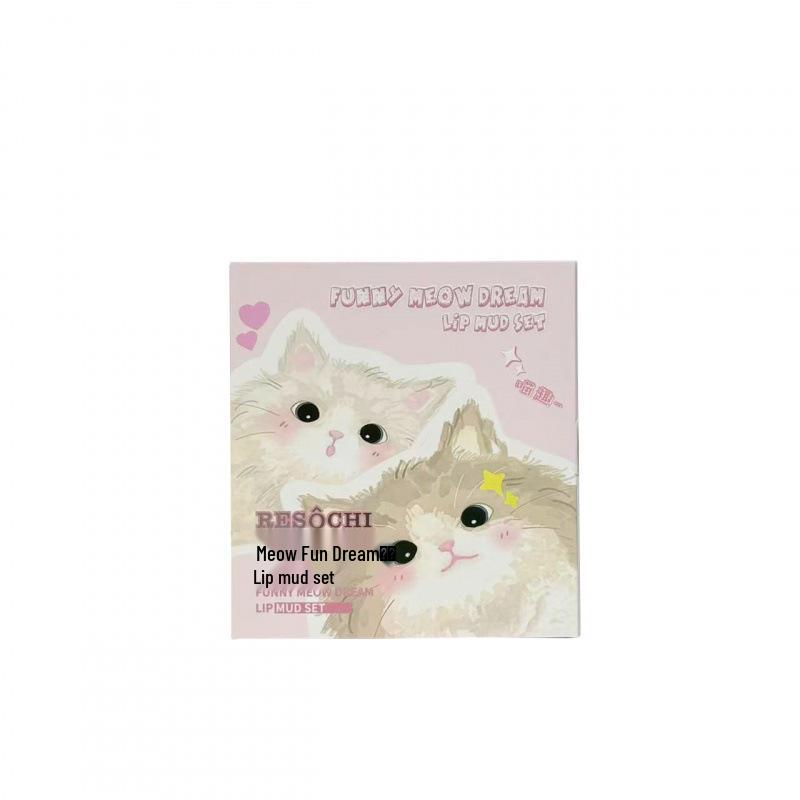 RESOCHI Meow Fun Dream Lip Mud Gift Set: Pink Mist Texture, Cute & Girly Daily Lipstick, 5-Piece Set.