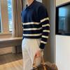 Striped Polo Collar Knitted Sweater For Men's Autumn And Winter Loose Casual Sweater Business Commuting Top