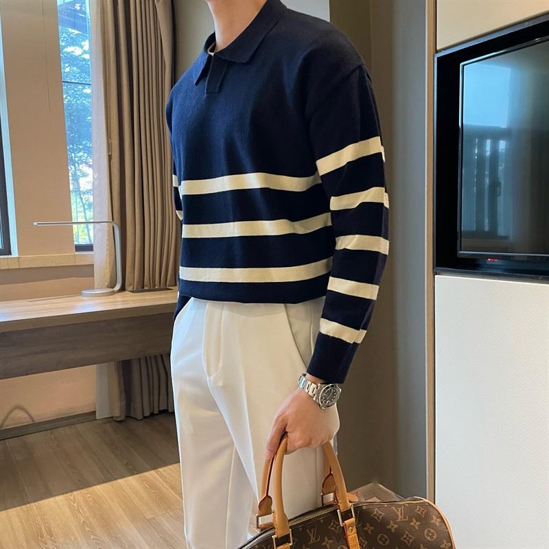 Striped Polo Collar Knitted Sweater For Men's Autumn And Winter Loose Casual Sweater Business Commuting Top