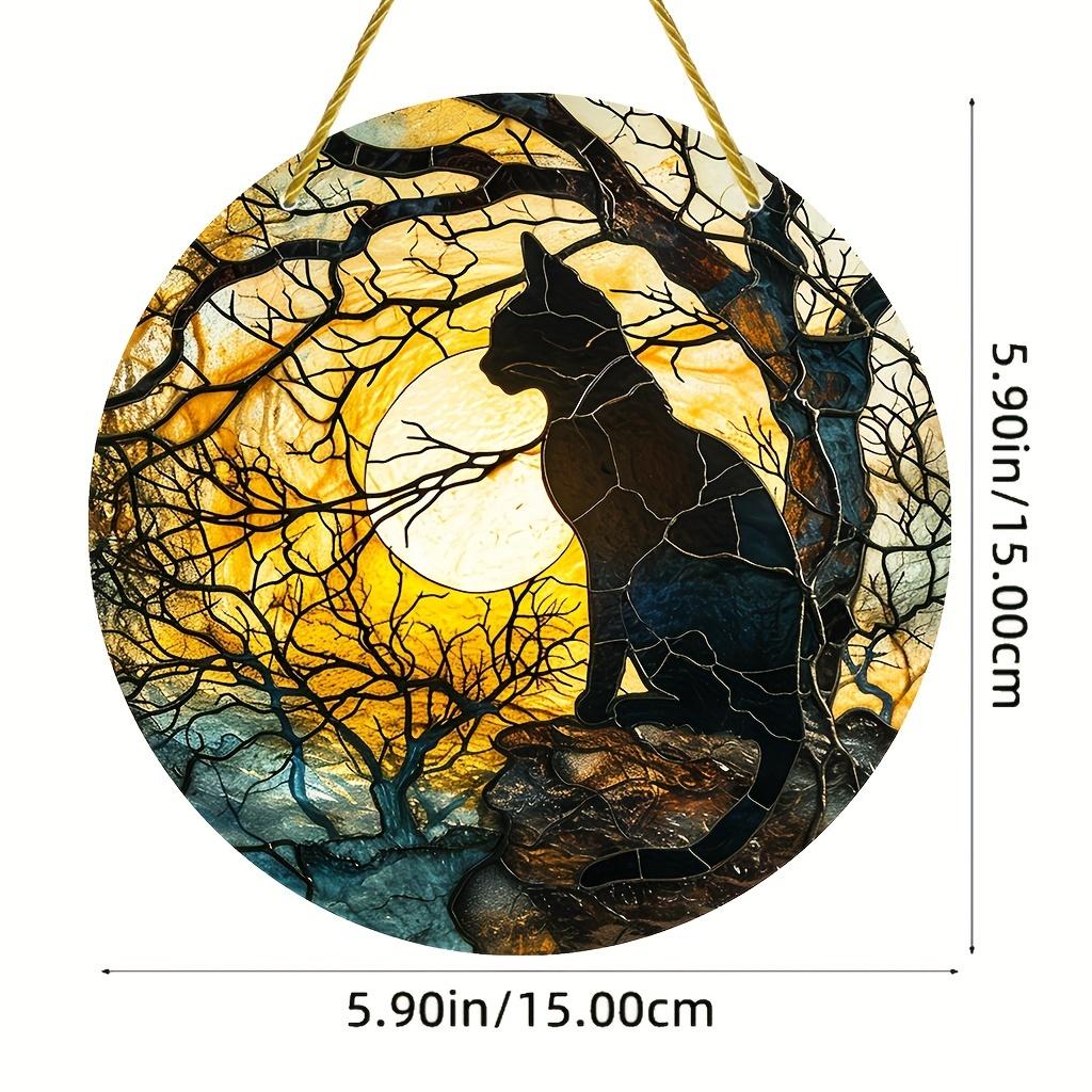 1pc Black Cat Sunset Front Art Stained Window Hanging, Suncatcher Acrylic Wreath Sign Garden Outdoor Decorative Artwork