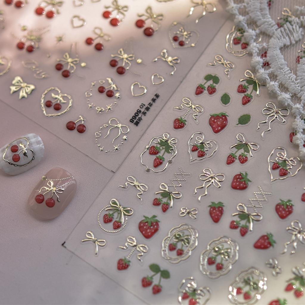 Sweet Strawberry Bow Nail Art Stickers 5D Gold Silver Strawberry Cherry Metal Nail Stickers DIY Nails Decoration Decals
