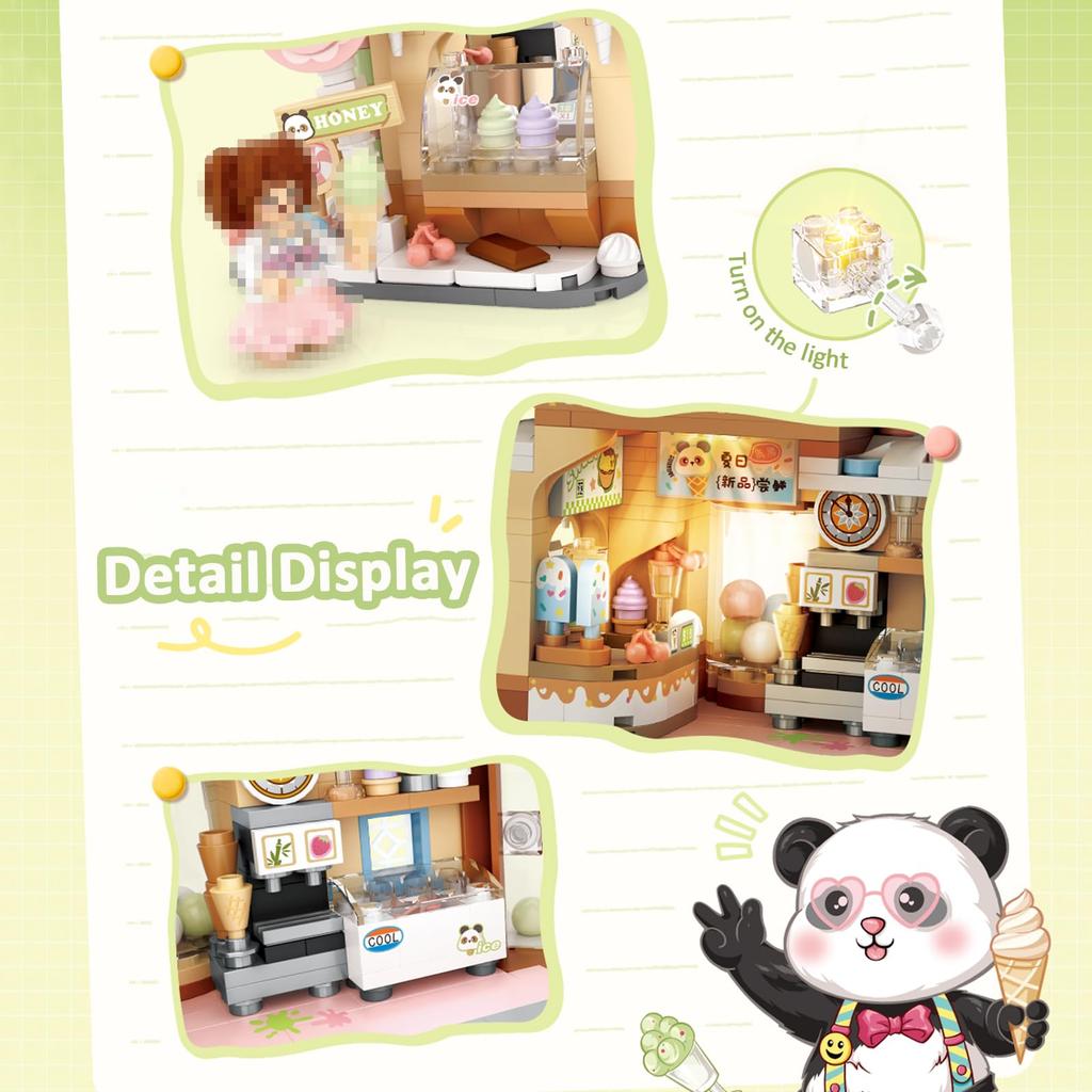 MEIEST Bloc de Construction Magasin de Glaces Panda, Ensemble de Blocs de Construction Magasin Mini Ville Rue Panoramique Jouet de Construction à Particules, Décoration de Maison