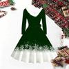 Rochie Midi cu Imprimeu de Crăciun pentru Femei, Mânecă Lungă, Decolteu în V, Margine Blănoasă, Croială A-Line, Rochie de Petrecere, Ediție Limitată de Crăciun