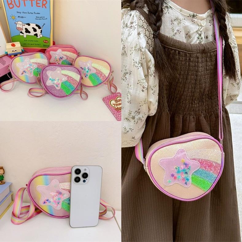 Adorable Cartoon Star Shoulder Bag For Girls With Rainbow Stripes And Heart Design