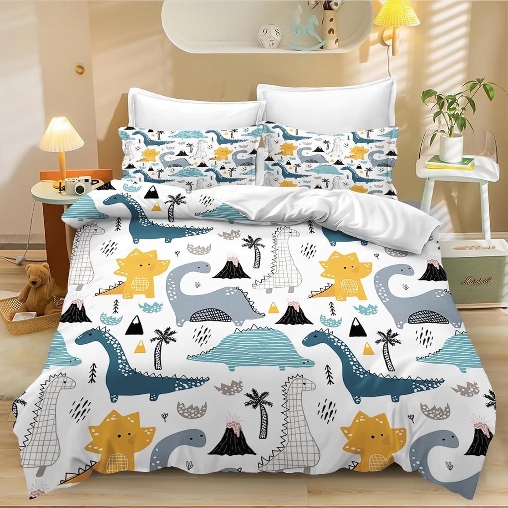 Dinosaur Print Cozy Duvet Cover Set Queen King Size Cartoon Bedding Set Home Living Luxury 3 Piece Set With Pillowcases 75*50Cm