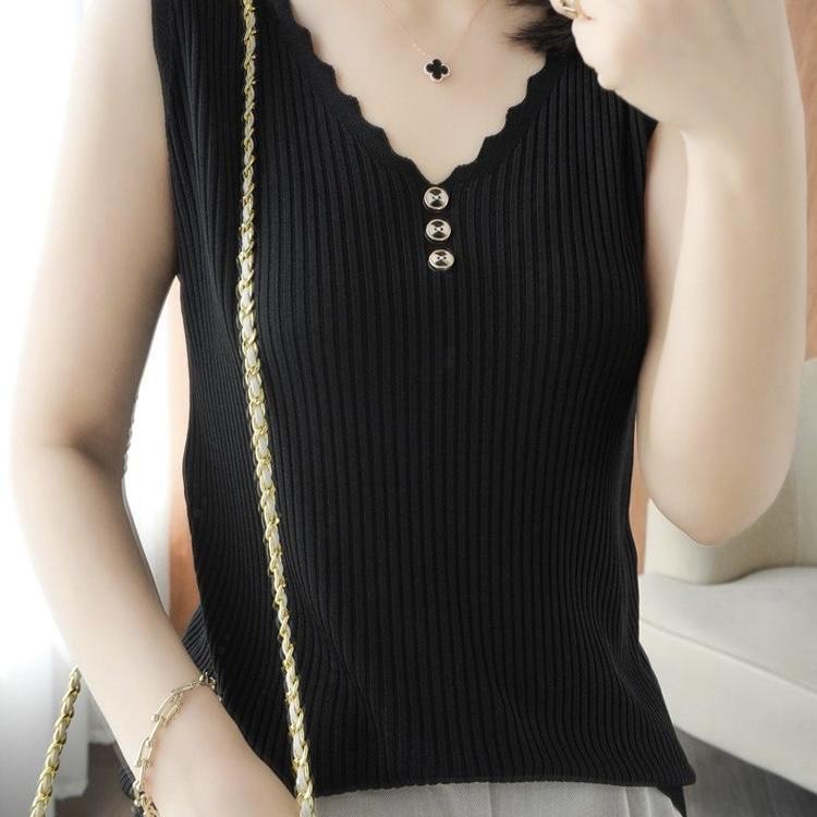 Knitted Sleeveless V Neck Vest Women's Turtleneck Short Loose Versatile Knitted Bottoming Shirts