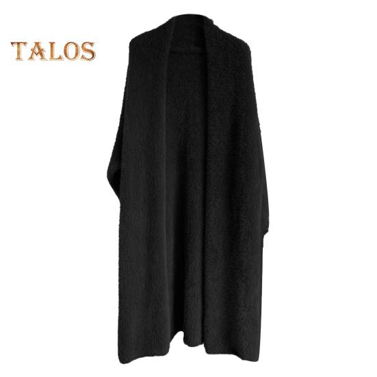 

Женский свитер, пальто без воротника, летучая мышь, длинный рукав, однотонный вязаный кардиган, открытый спереди, трикотаж средней длины чёрный