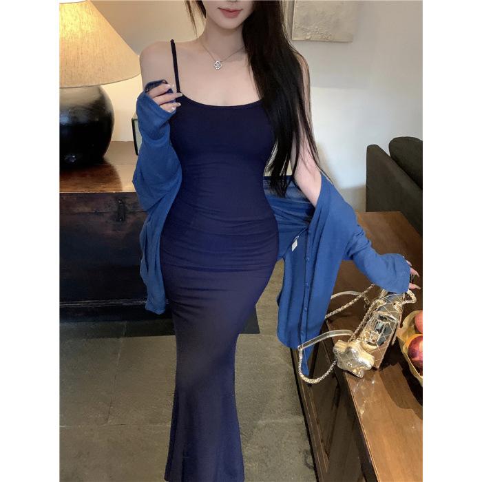 Pure desire wind sexy seaside suspender dress women's summer beautiful sleeveless waist thin fishtail hip wrap medium and long dress