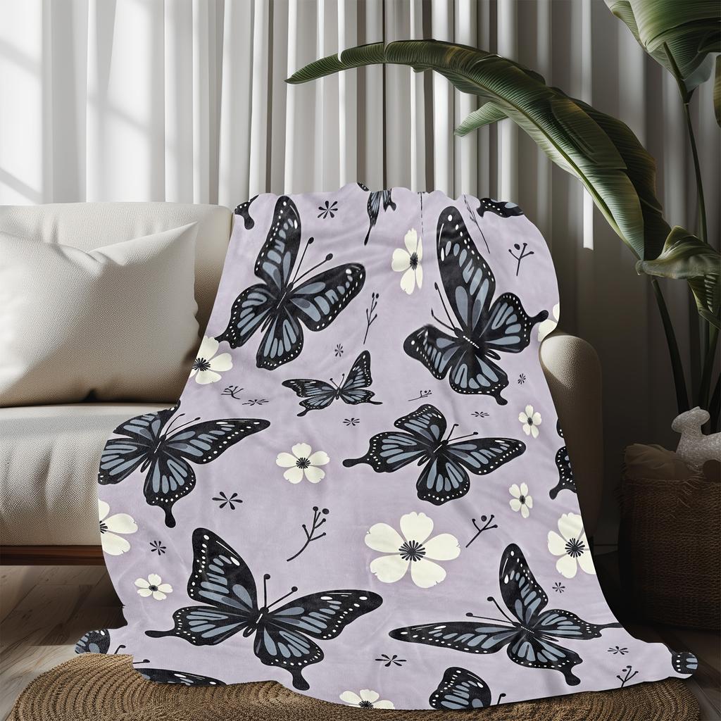 Contemporary Butterfly & Floral Print Throw Blanket - Soft Breathable  Polyester, All-Season Cozy Decorative Accent For Couc