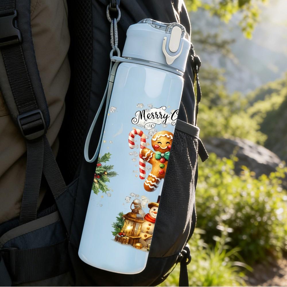 1PC Christmas Bear Gift Cartoon Print 750ml Color Plastic Sports Water Bottle Leakproof Flip Straw Lid Suitable for Sports Office Home Use