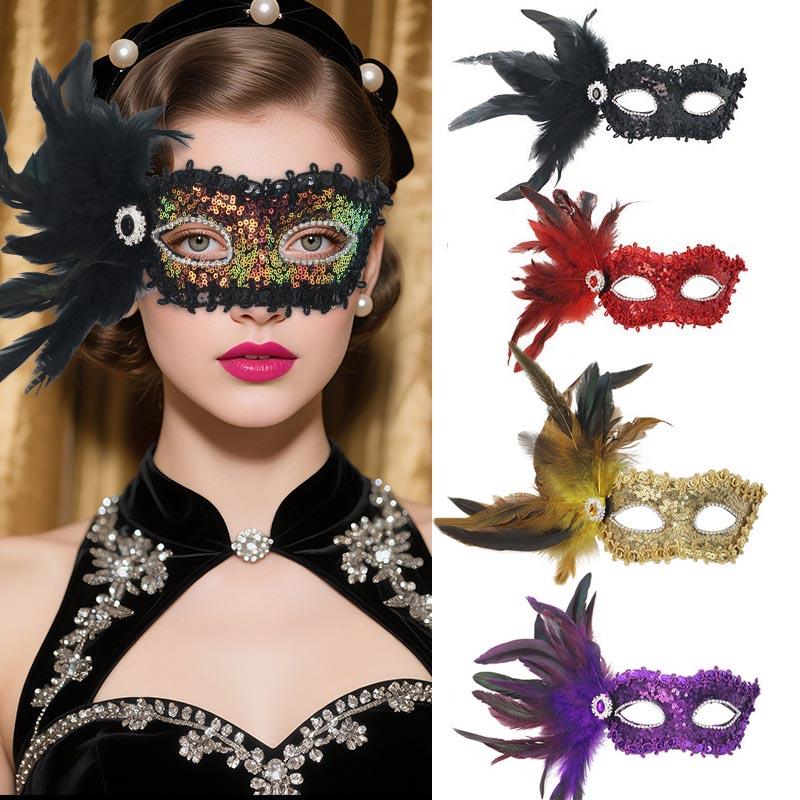 Feathers Sequins Half-Face Mask Masquerade  Removable Feather Decor Venetian Mask Halloween Cosplay Party Costume Accessory