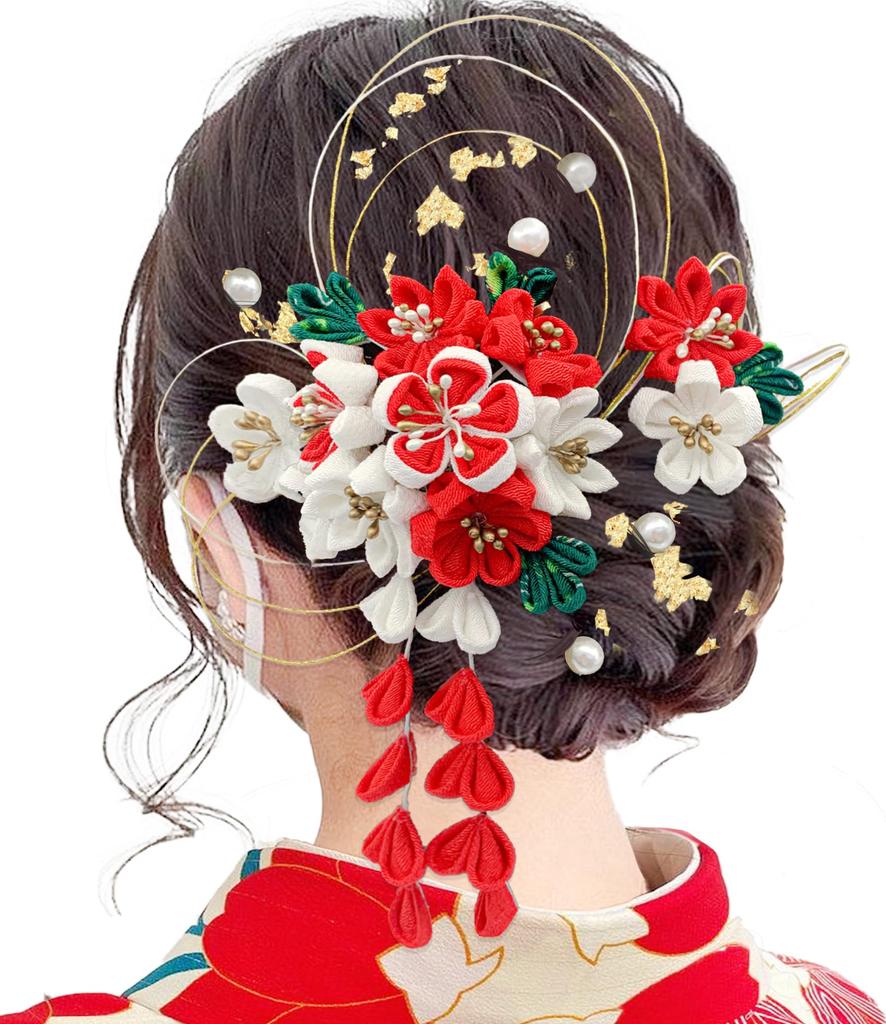 JZOON Hair Ornament Set Design for and Other Japanese Clothing Flower Design H4710 Shichi-Go-San (3-Piece Set) - Tsumami-zaiku (Handmade)