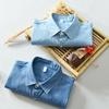 Summer Classical Denim Short Sleeve Shirts for Men Youth Daily Casual Pure Cotton Turn Down Collar Blue Jeans Shirt with Double Pockets