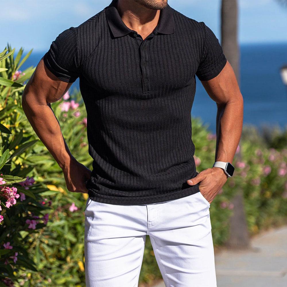 Men Polo Shirts High Elastic T-shirt Short Sleeve T Shirt Male Gym Sportswear Stripped Polo Men Clothing