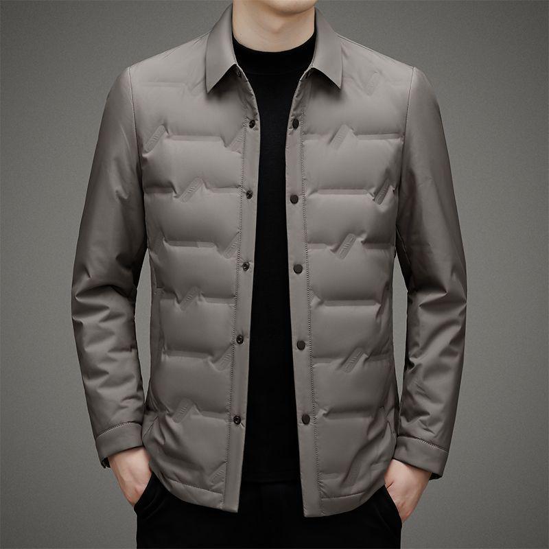 Men's Short Warm White Duck Down Winter Jacket with Turn-Down Collar – Waterproof Dad Coat