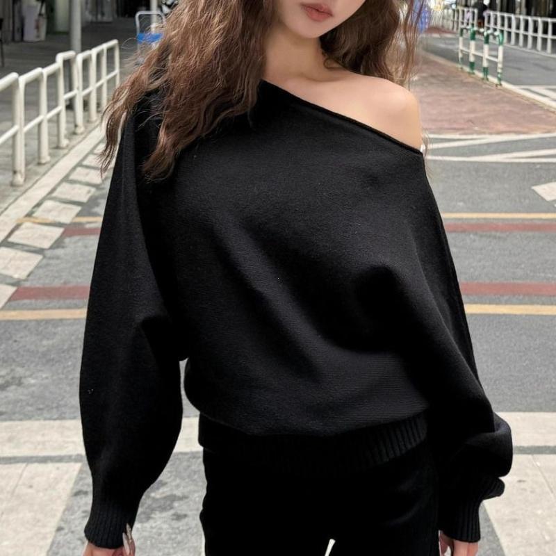 Pullover a maglia con maniche a pipistrello lunghe da donna 380g Spesso Scollo a barca Moda coreana Maglione Largo Casual Capo spalla per l'autunno Pull