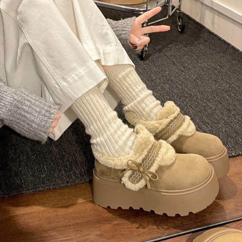 Wear bow-tied cotton shoes outside, winter platform cotton shoes, thick soles are high, warm and high snow fluffy shoes are high
