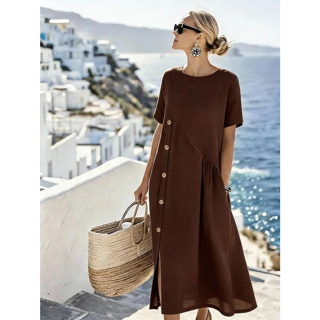 

women s Casual Loose Round Neck Short Sleeve Button Decor Ruched Pocket Midi A Line Linen Dress 3XL темно-коричневого кольору