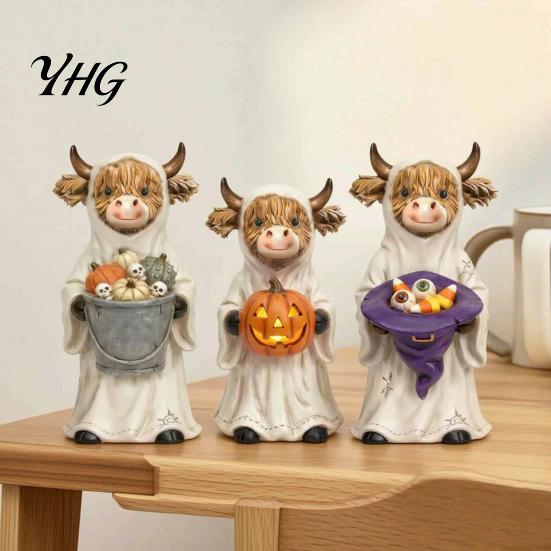 Dark Aesthetic Gift 3Pcs Halloween Ghost Highland Cow Figurines, Resin Yak Statues with Pumpkin, Farmhouse Unique Tabletop Ornaments for Holiday Shelf