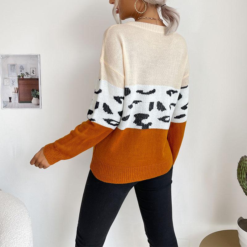 Women's Sweater, Color-Block, Leopard Print, Long Sleeve
