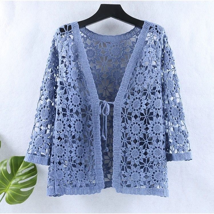 

Женская трикотажная куртка с вырезами, хлопковый свободный кардиган, летняя солнцезащитная кружевная блузка с открытым передом one size